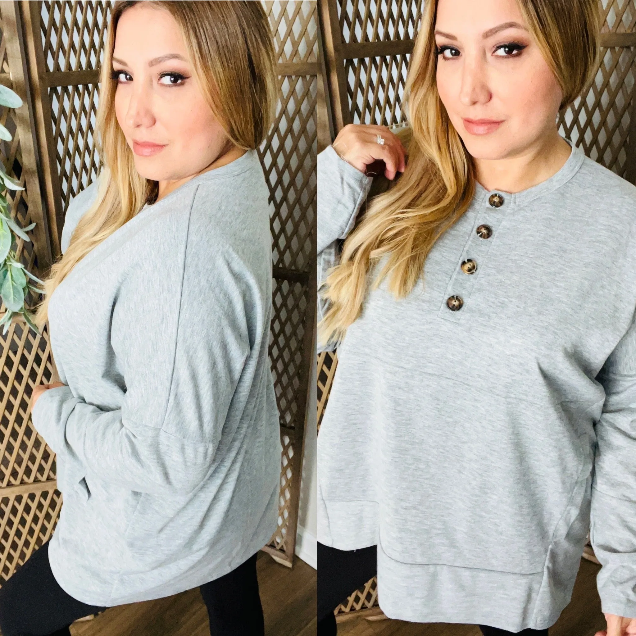 1/4 Sleeve Button Top: Heather Grey