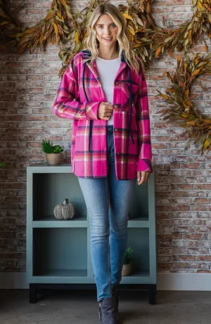 7th Ray Hot Pink Plaid Shacket with Navy Hood-PLUS