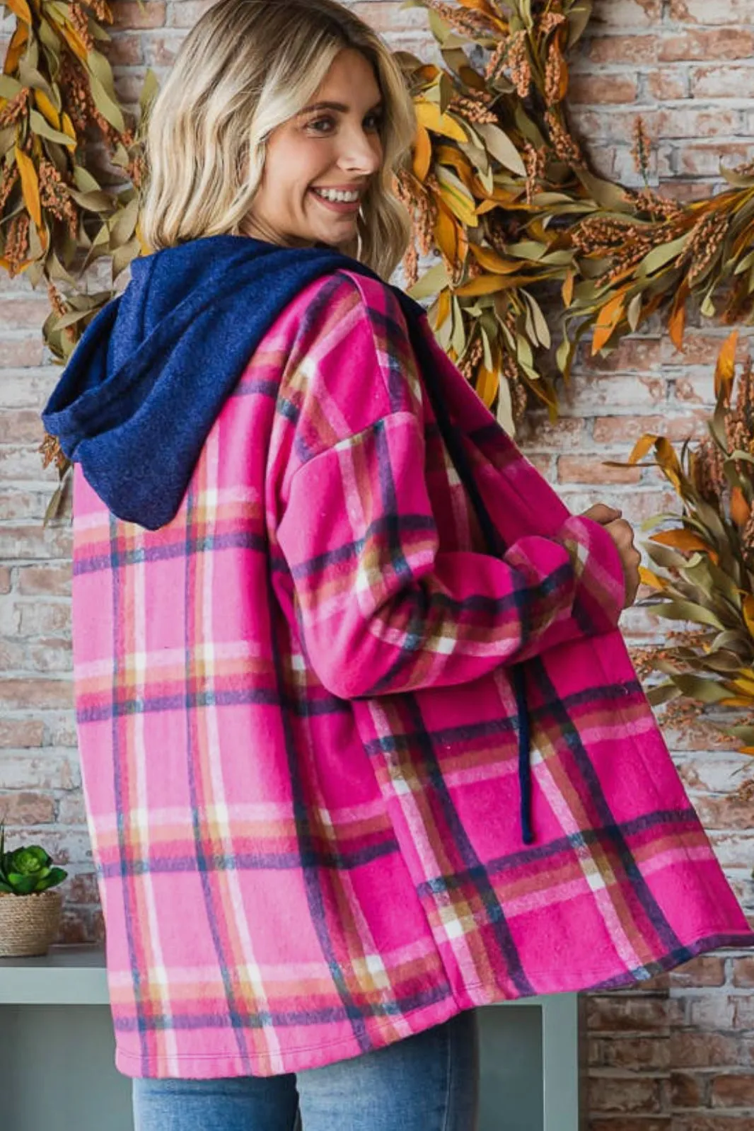 7th Ray Hot Pink Plaid Shacket with Navy Hood-PLUS