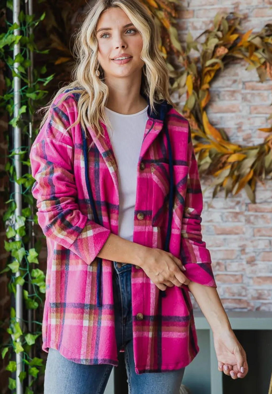 7th Ray Hot Pink Plaid Shacket with Navy Hood-PLUS