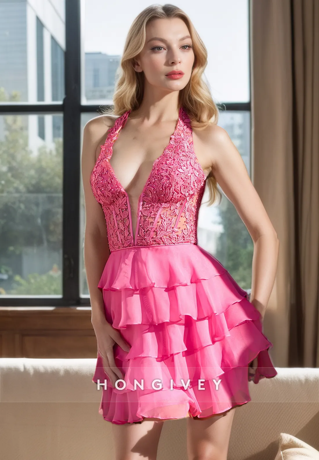 A-Line Low V-Neck Halter Appliques Tiered Party Evening Homecoming Dress