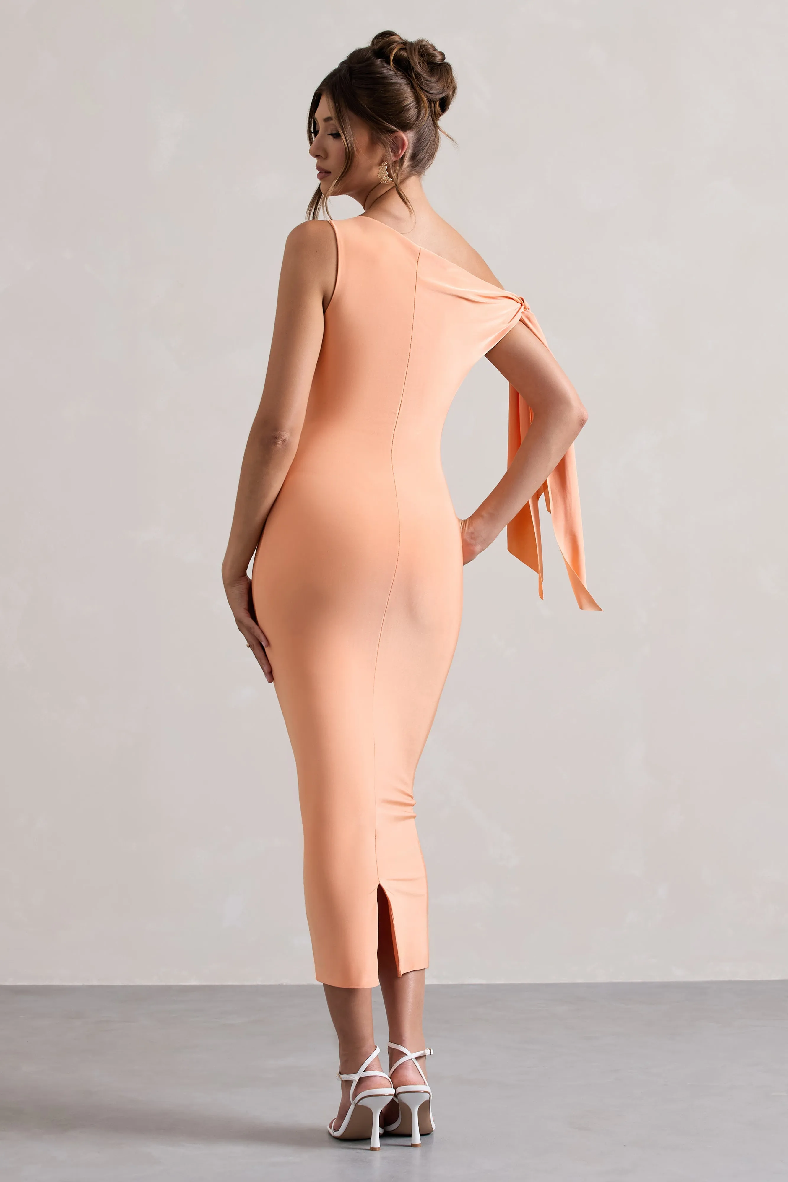 Adapt | Coral Asymmetric Midi Dress With Tie Sleeve