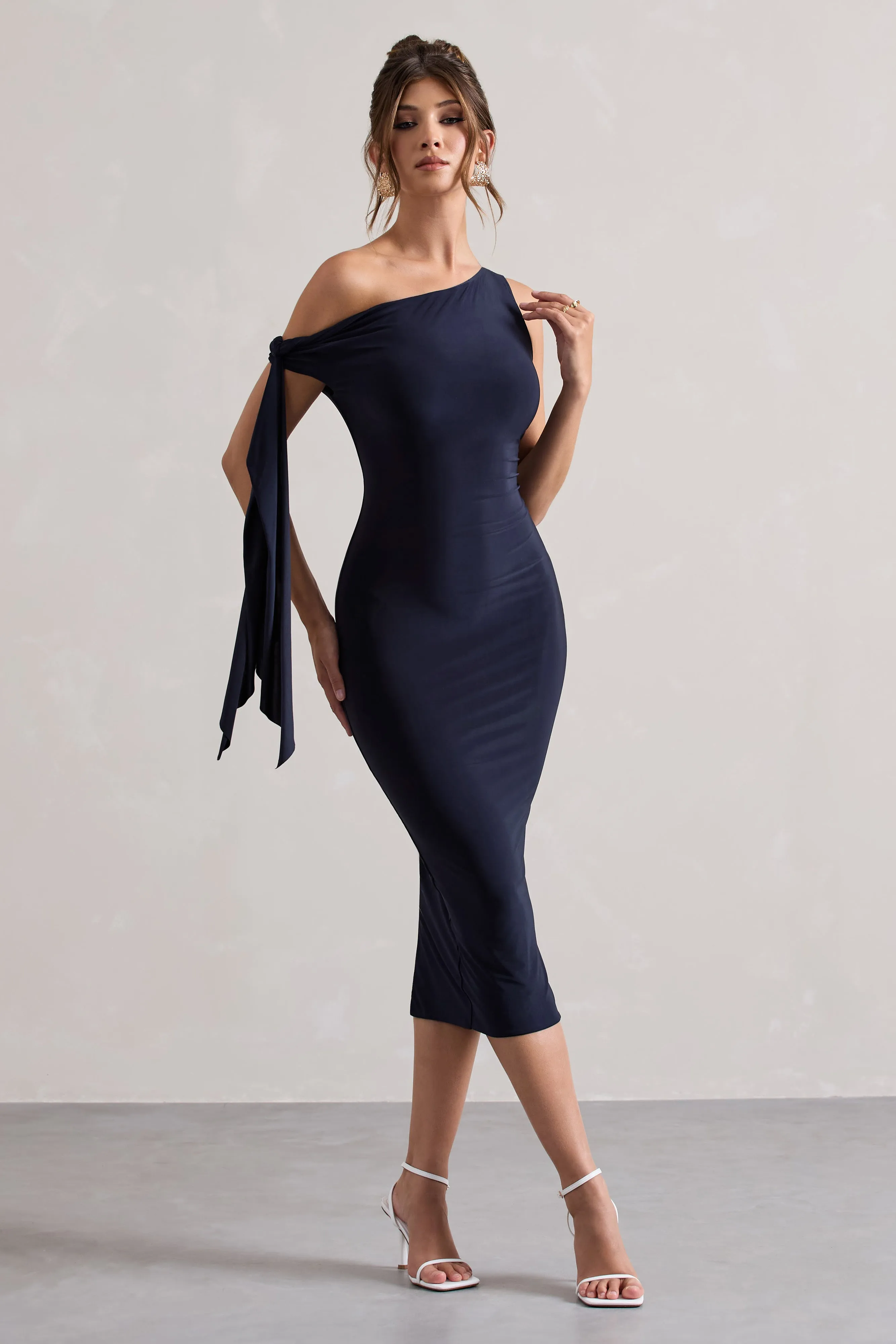 Adapt | Navy Asymmetric Midi Dress With Tie Sleeve