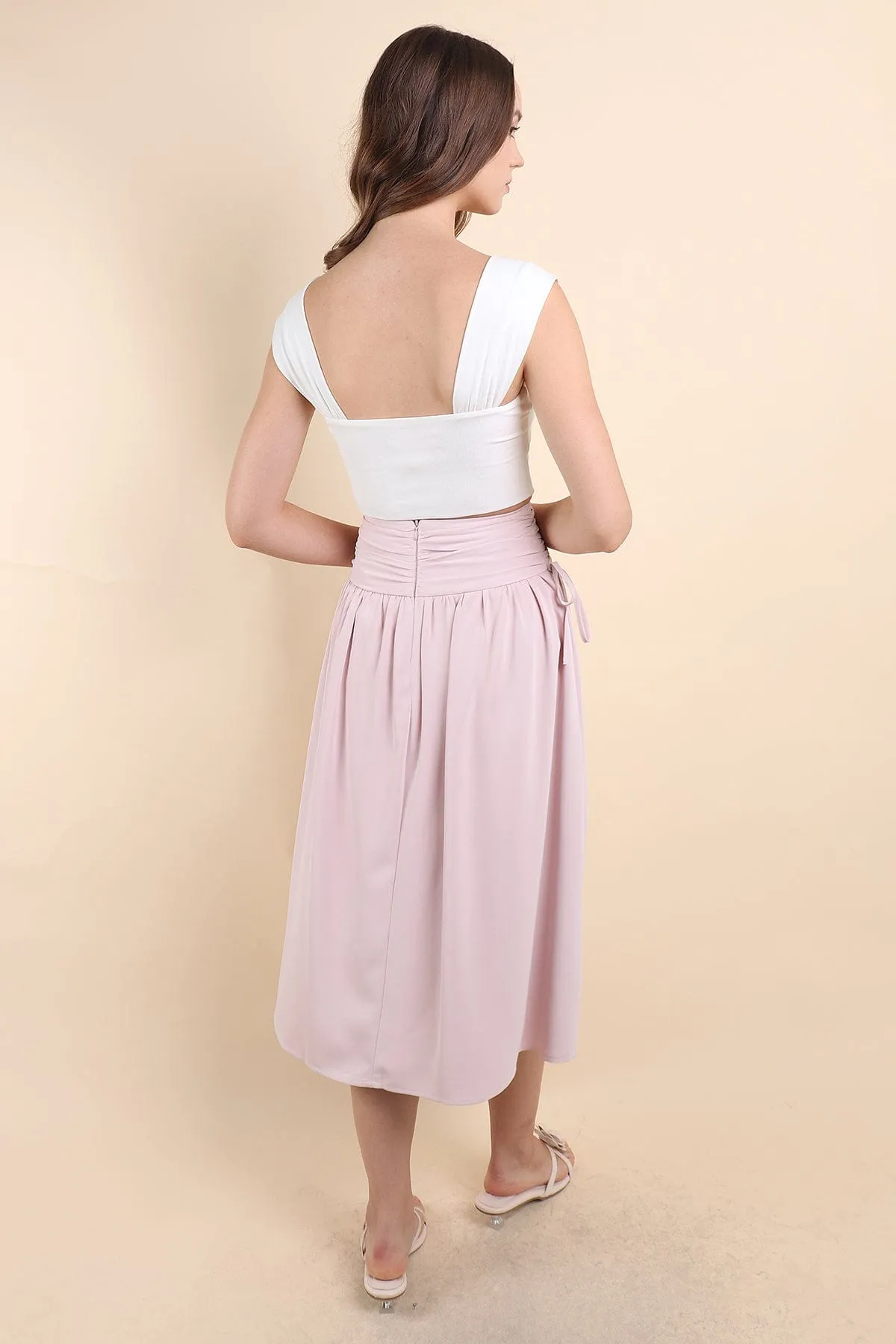 ADORA RUCHED MIDI SKIRT IN PINK