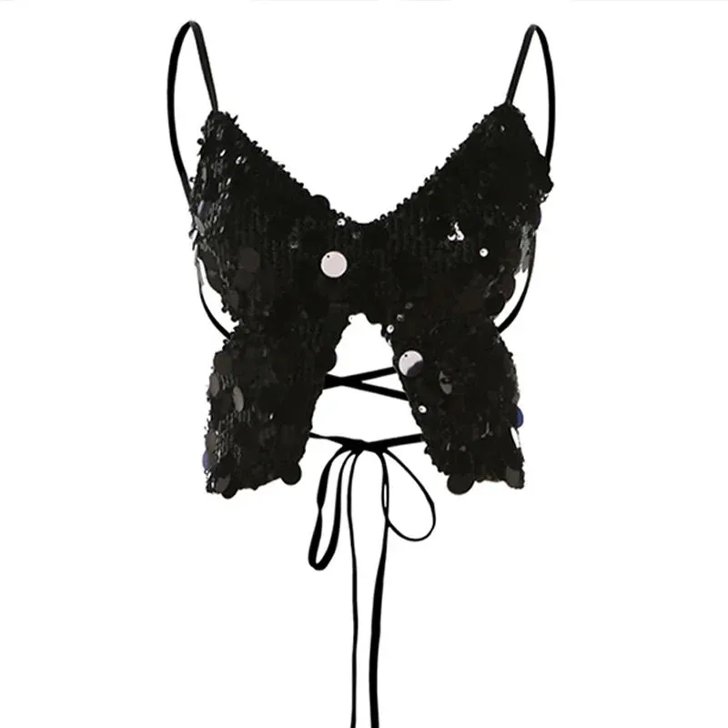 Advbridge Retro Sexy Butterfly Crop Top Sequined Camisole Street Style Backless Pull Up Suspender Summer Vacation Wear Y2K Small Suspender