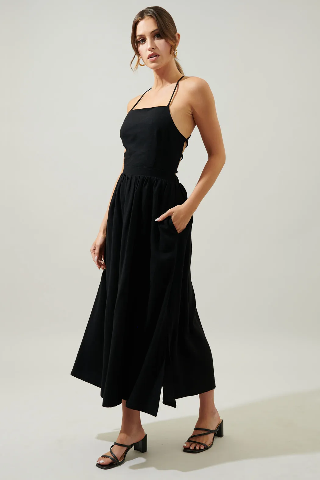 Aisha Open Back Lace Up Midi Dress