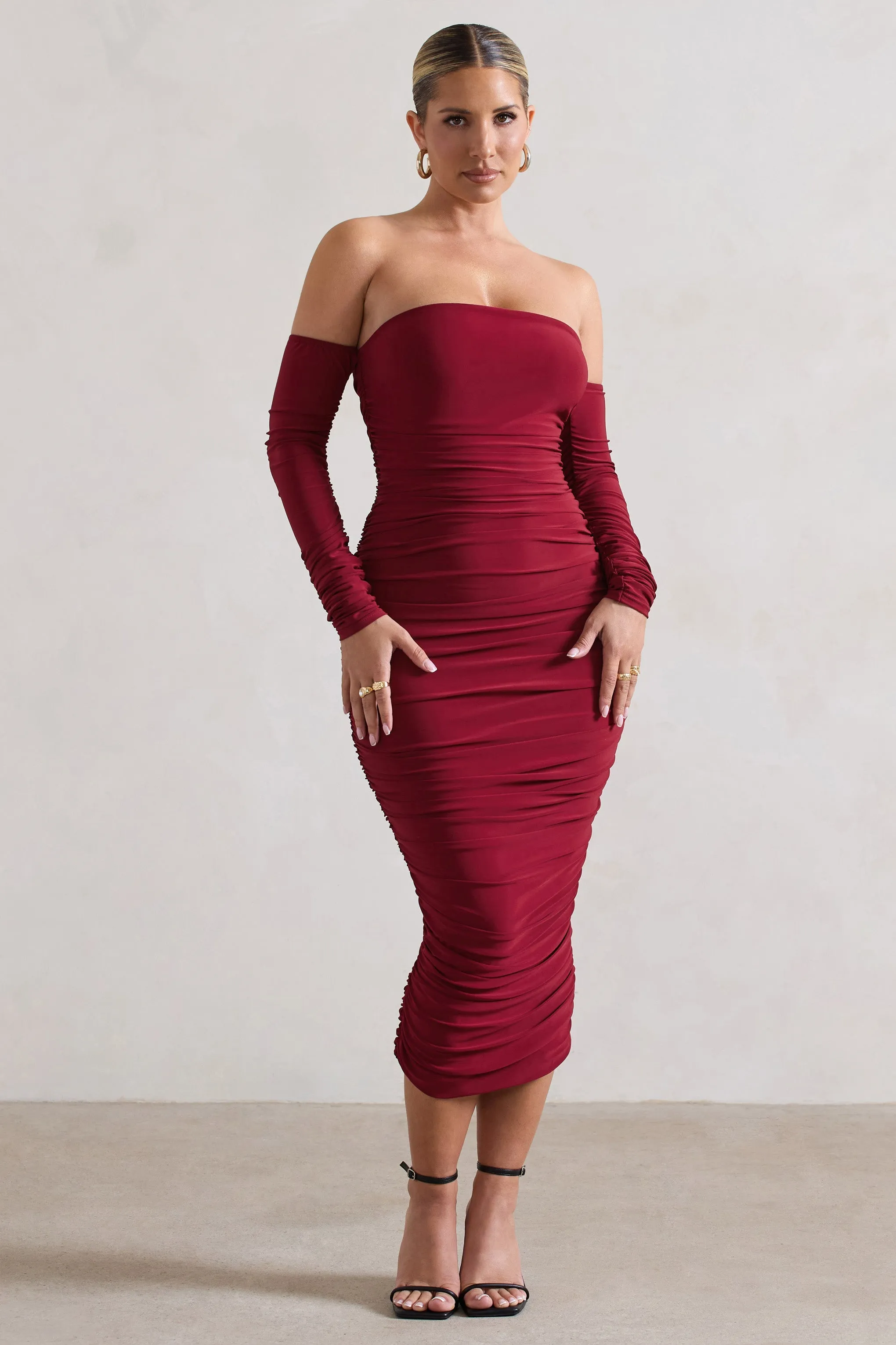 Anissa | Berry Ruched Bardot Midi Dress