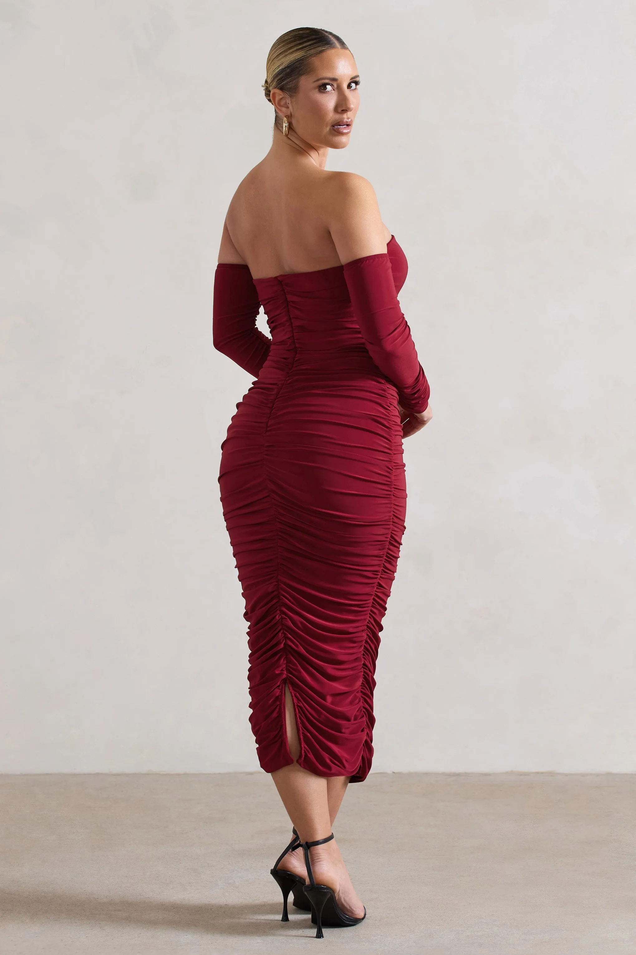 Anissa | Berry Ruched Bardot Midi Dress