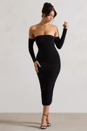 Anissa | Black Ruched Bardot Midi Dress