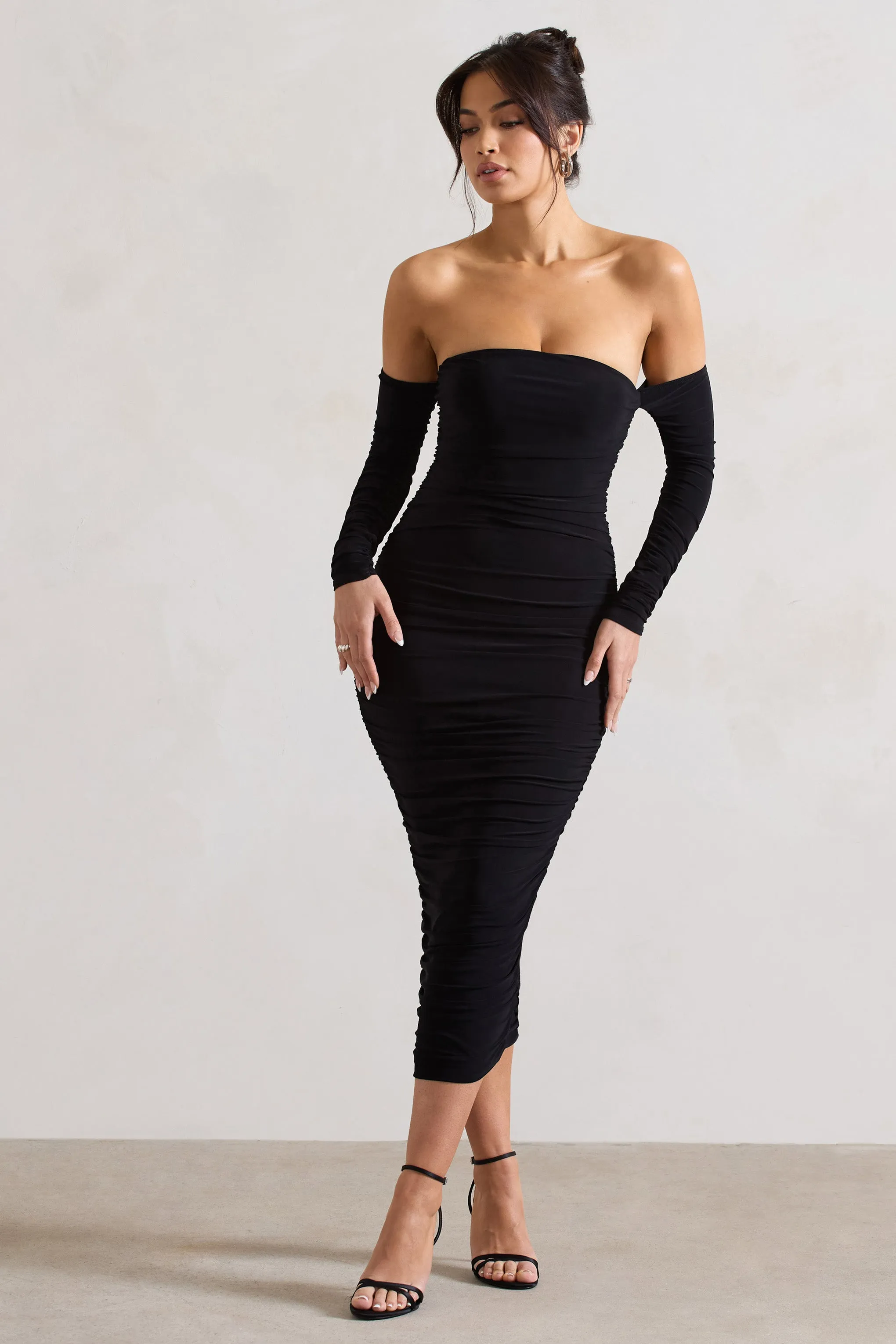 Anissa | Black Ruched Bardot Midi Dress