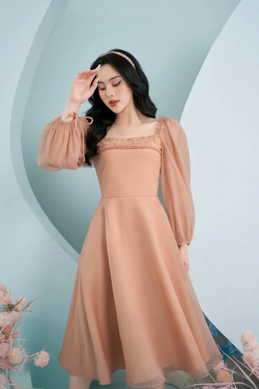 Anne Fit and Flare Puffy Sleeved Organza Midi Dress