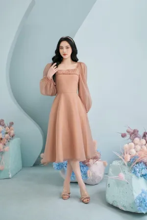 Anne Fit and Flare Puffy Sleeved Organza Midi Dress