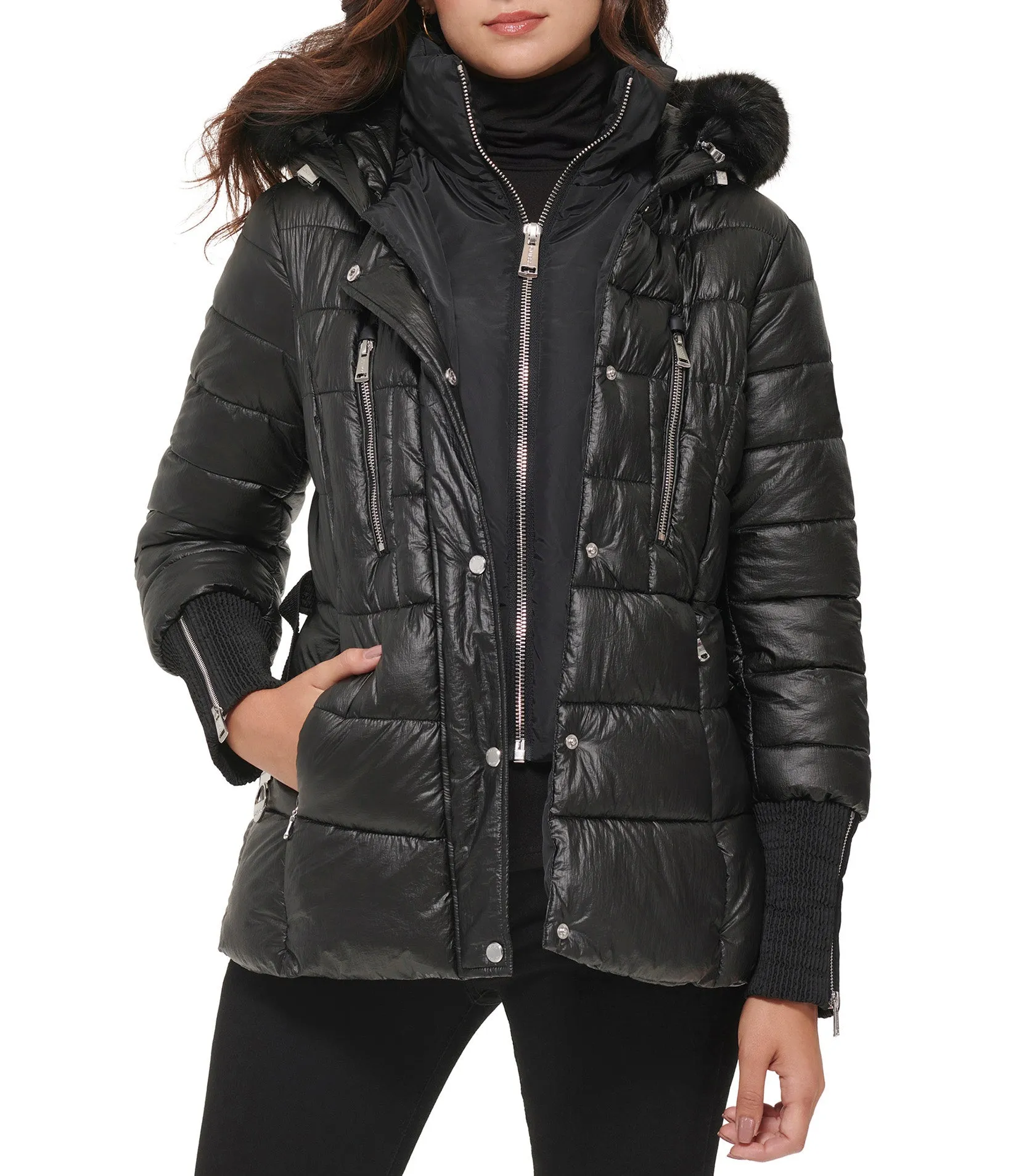 Apres Ski Crinkle Metallic Belted Coat With Hood