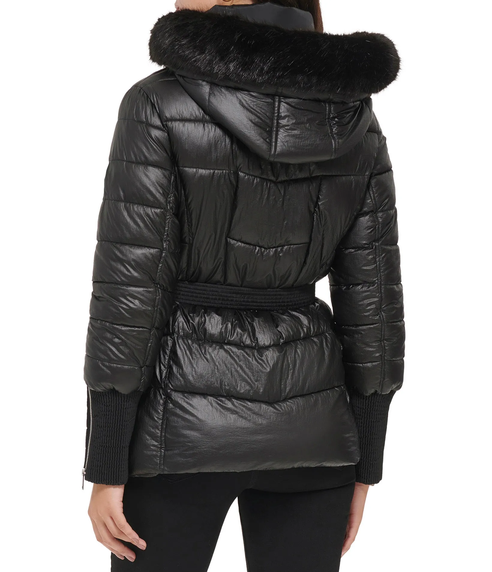 Apres Ski Crinkle Metallic Belted Coat With Hood