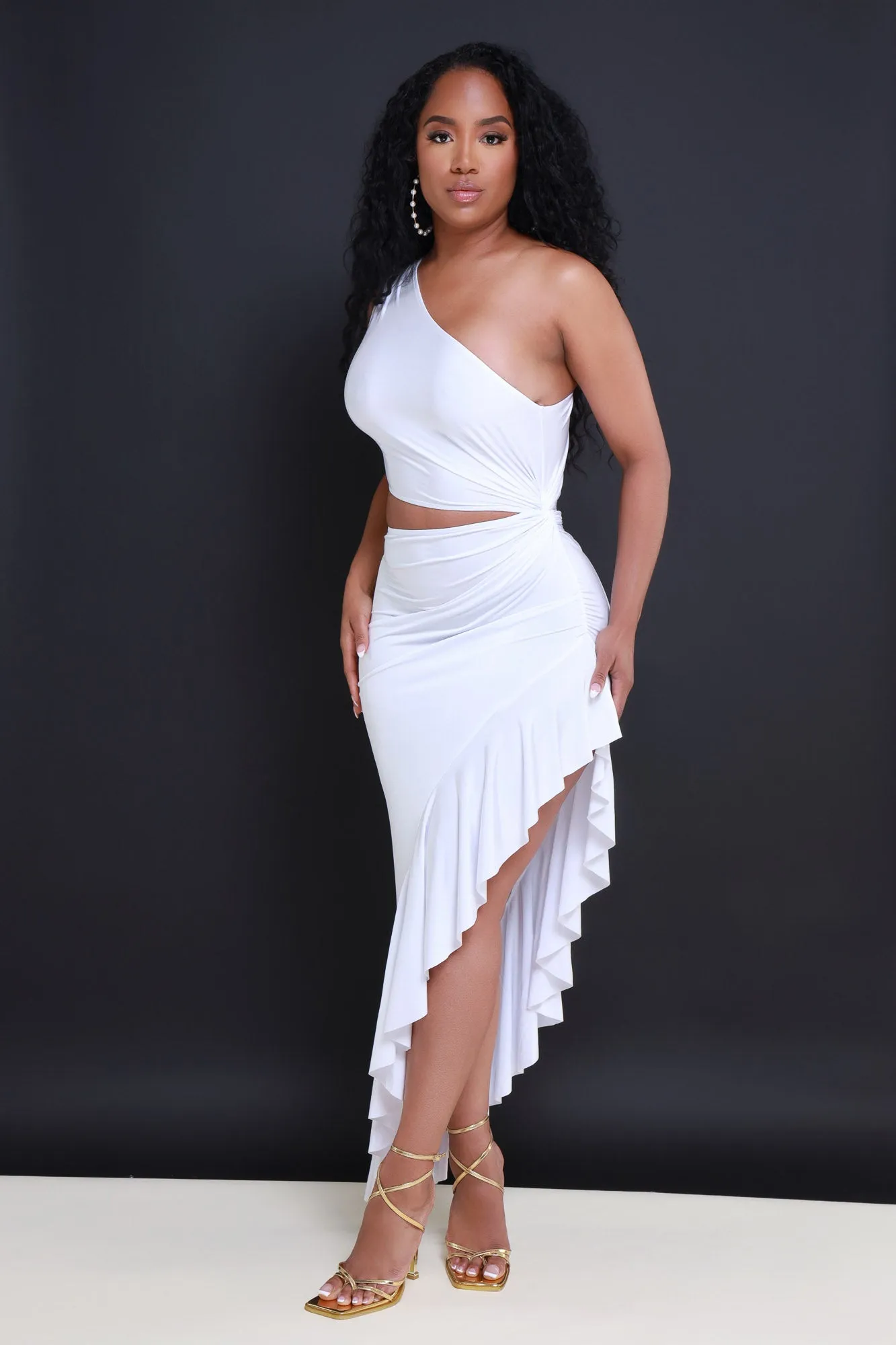 Area Codes One Shoulder Cut Out Midi Dress - White