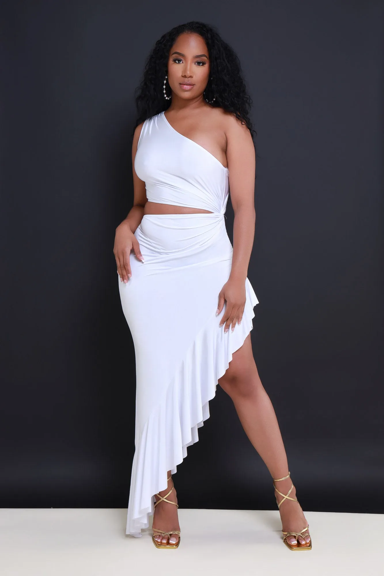 Area Codes One Shoulder Cut Out Midi Dress - White