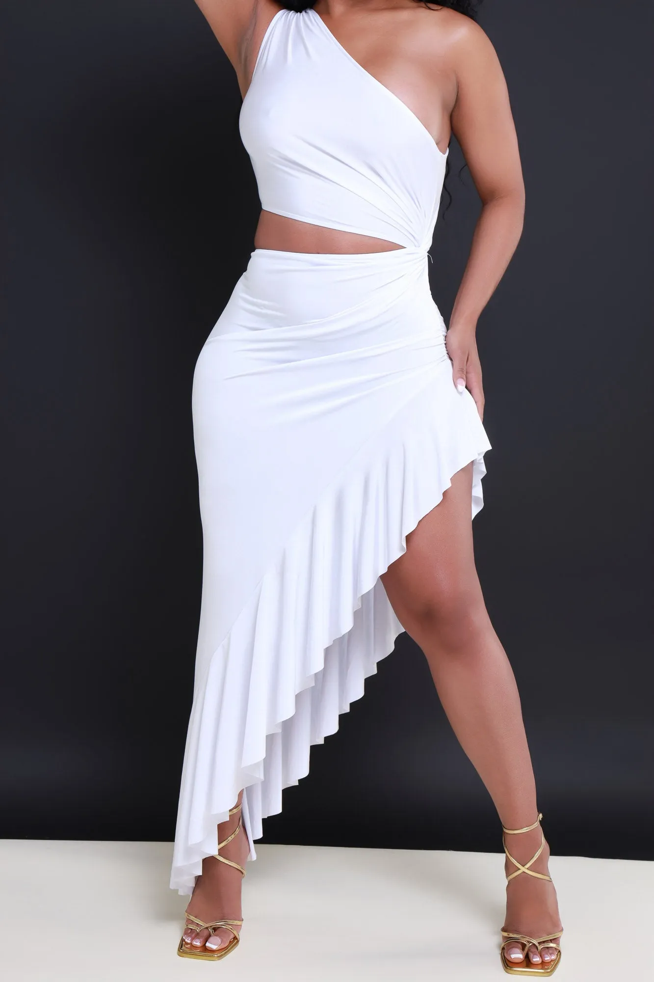 Area Codes One Shoulder Cut Out Midi Dress - White