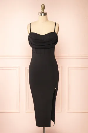 Astoria Black | Fitted Midi Dress w/ Cowl Neck