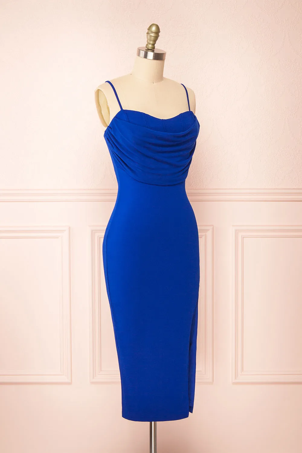 Astoria Blue | Fitted Midi Dress w/ Cowl Neck