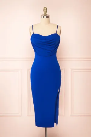 Astoria Blue | Fitted Midi Dress w/ Cowl Neck