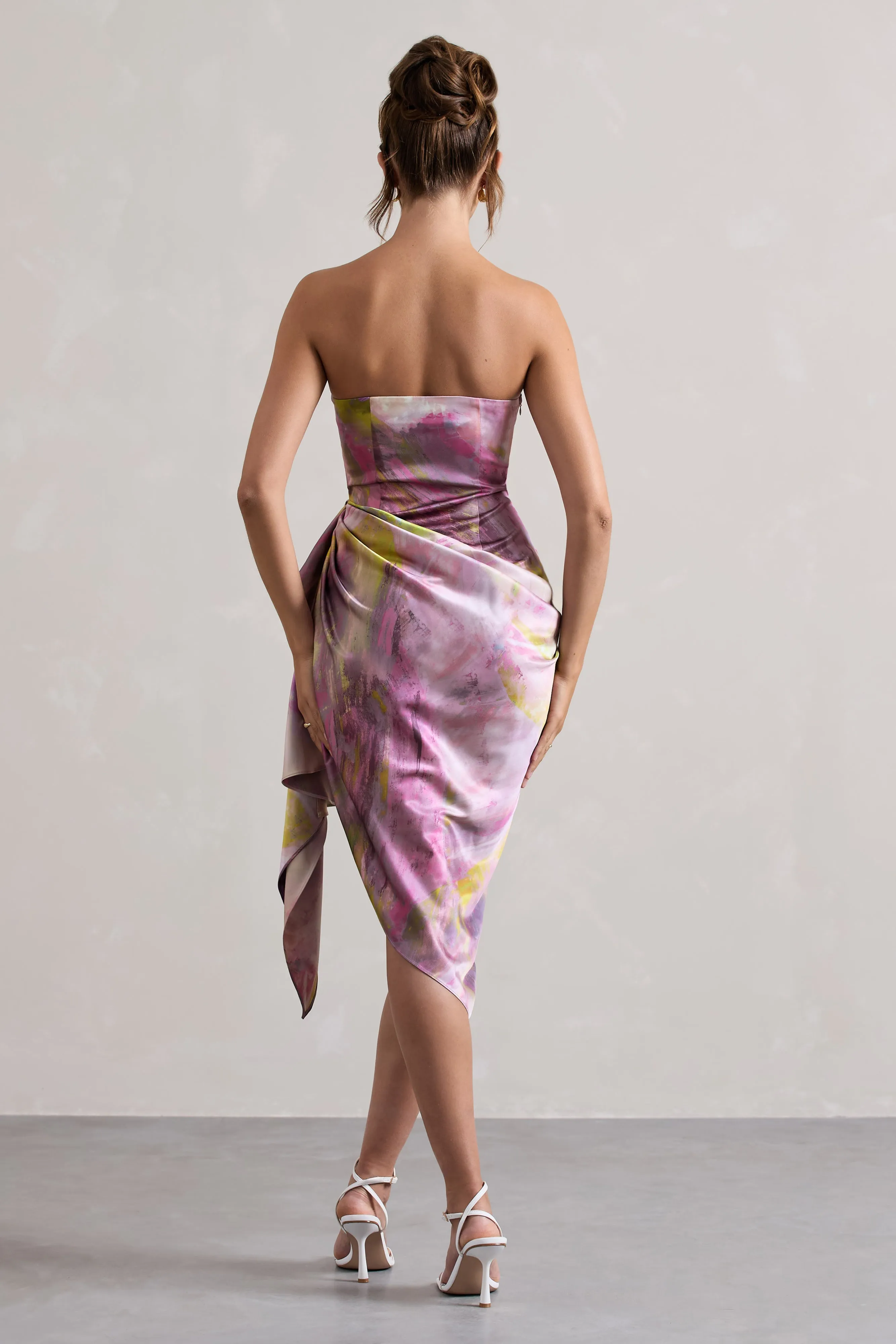 Axel | Lilac Print Satin Strapless Wrap Midi Dress