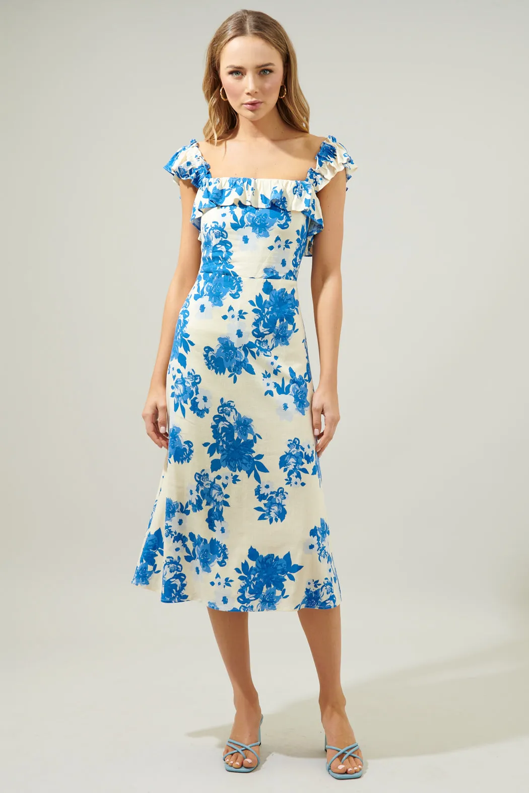 Azure Kona Floral Ruffle Trim Milo Midi Dress