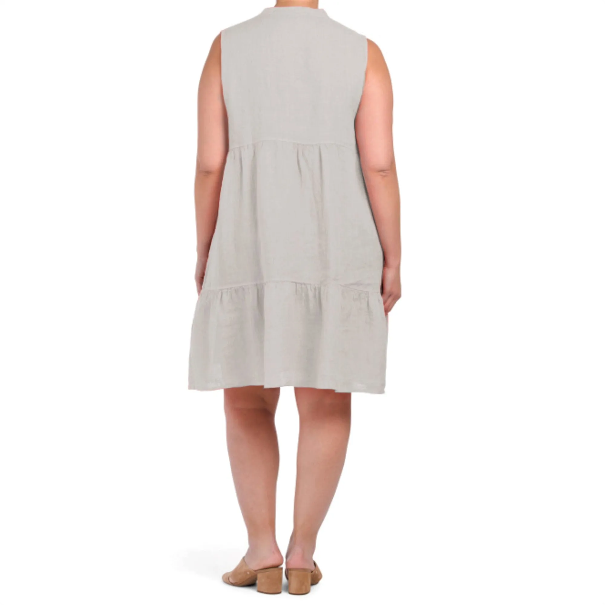 BELLAMBRA Women's Plus Made In Italy Linen Split Neck Tiered Midi Dress