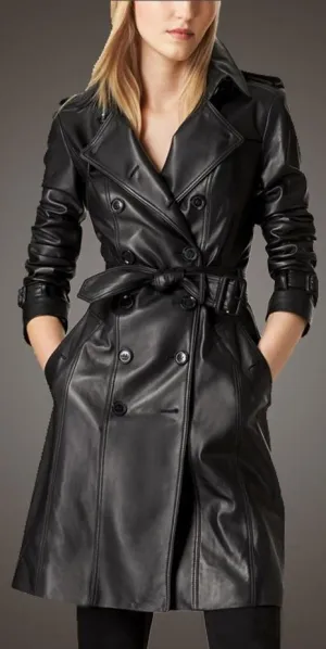 Black Genuine Leather Double-Breasted Trench Coat