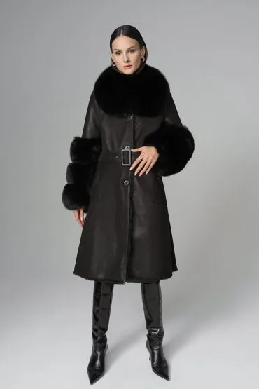 Black Genuine Maxi Lambskin Overcoat with Arctic Black Fox Fur Collar and Cuffs