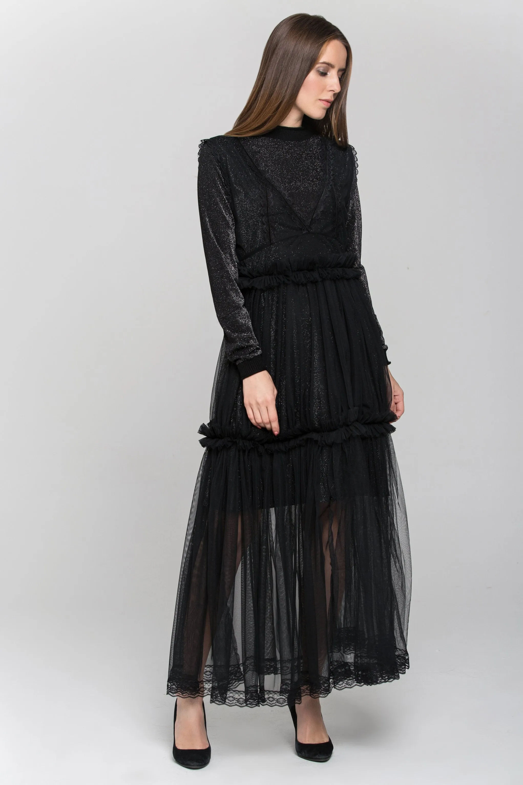 Black Glitter Lace Tiered Soft Tulle Midi Dress