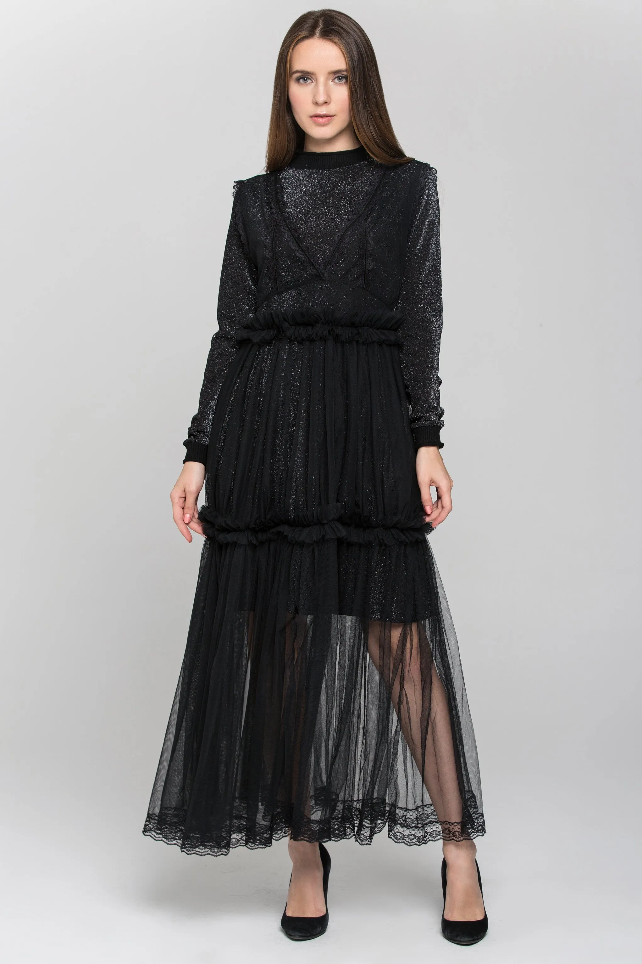 Black Glitter Lace Tiered Soft Tulle Midi Dress