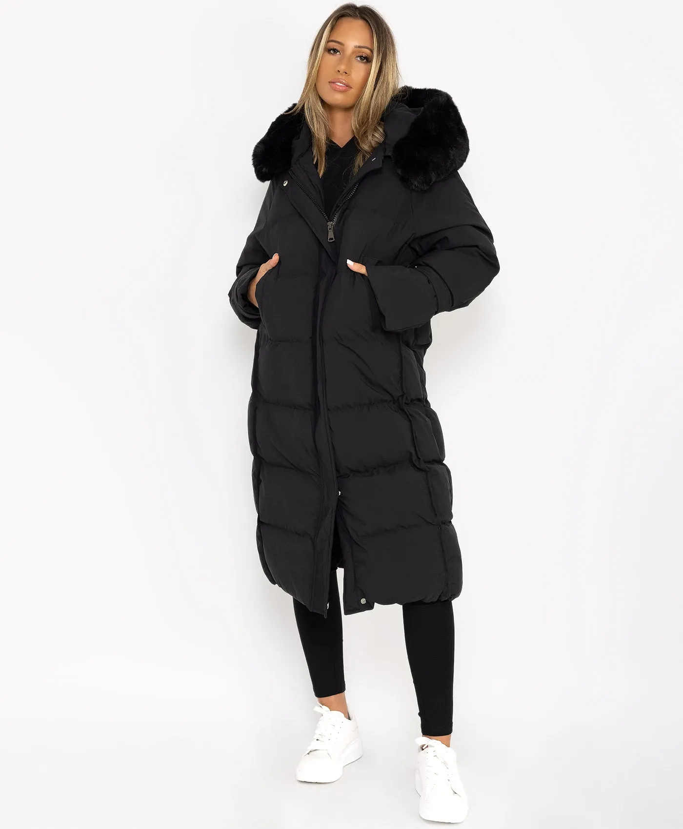 Black Longline Faux Fur Hooded Oversize Padded Coat Jacket