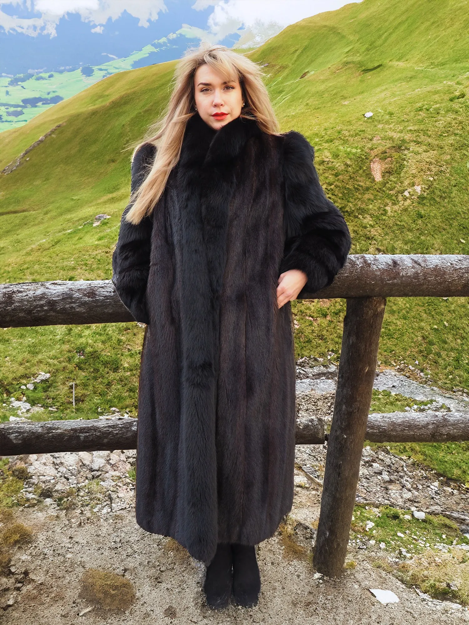 Black Mink Coat With Black fox Sleeves And Tuxedo Collar M/L