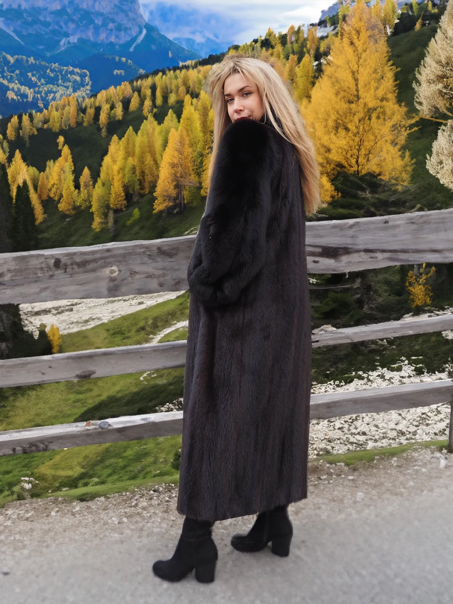 Black Mink Coat With Black fox Sleeves And Tuxedo Collar M/L