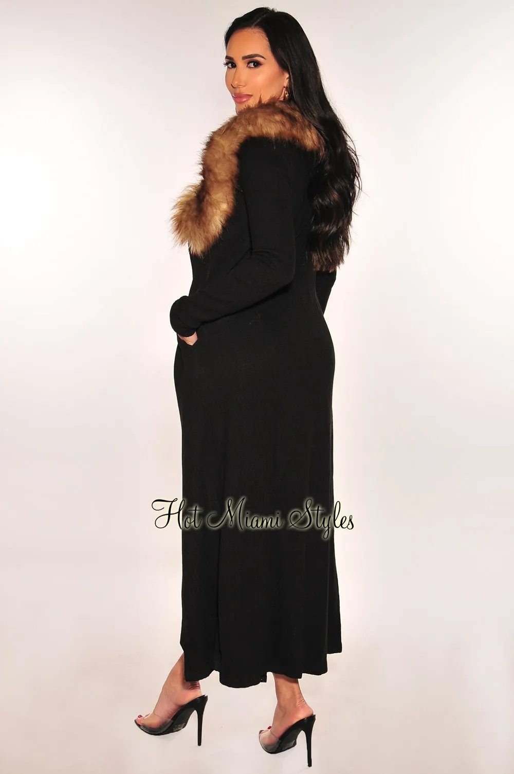 Black Ribbed Knit Faux Fur Collar Long Sleeves Duster Coat