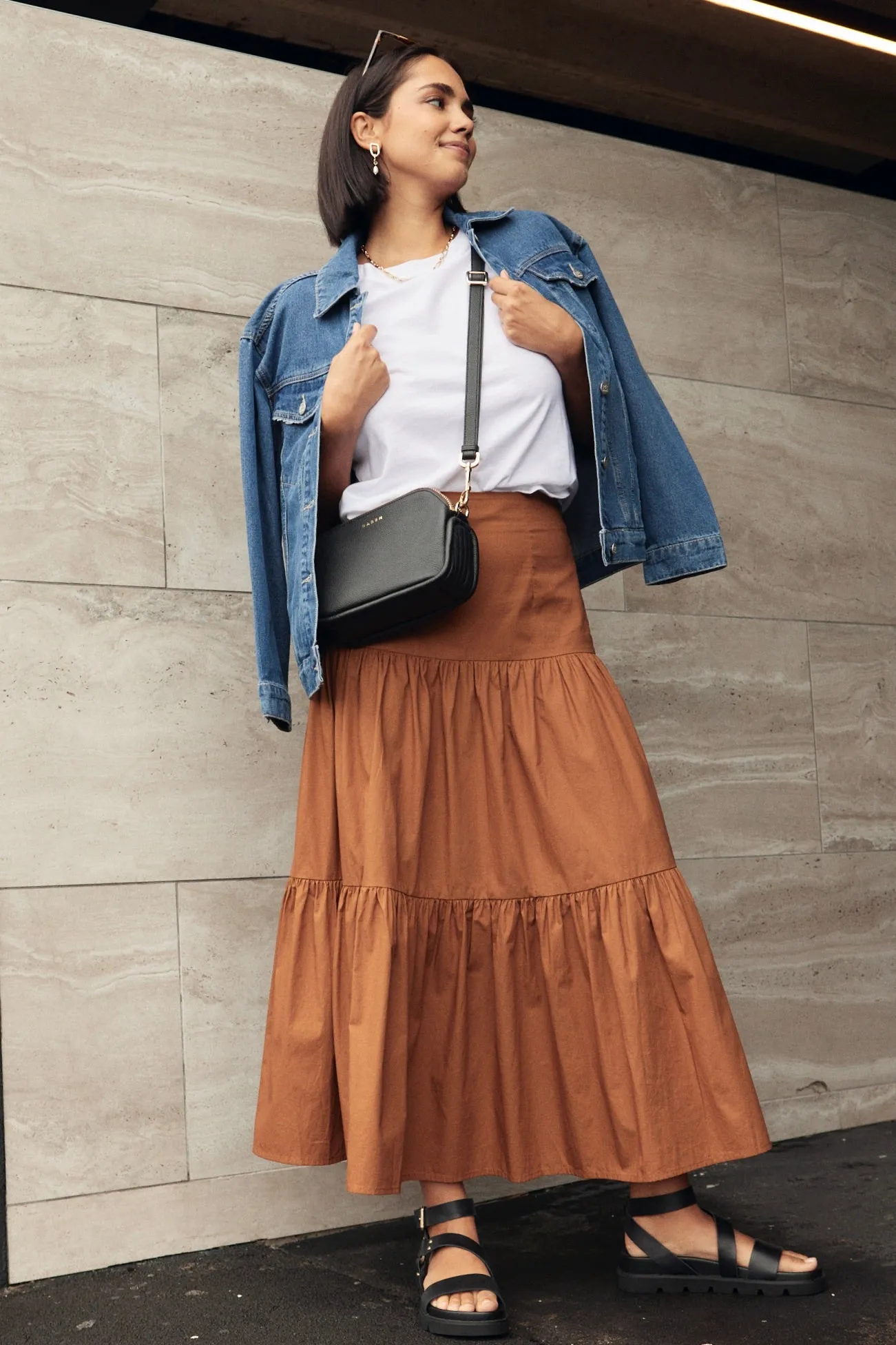 Blazing Toffee Cotton Tiered Midi Skirt