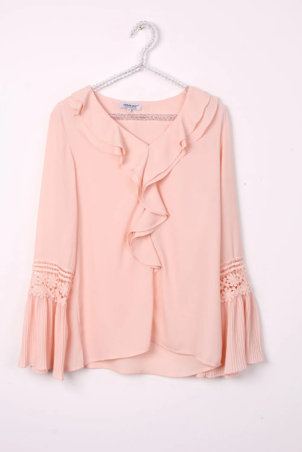 Blouson Ruffle Lace Applique Sleeve Blouse Top