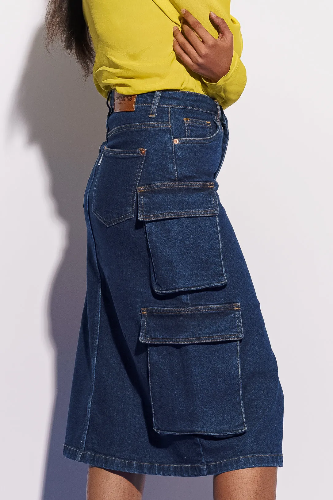 Blue Denim Midi Cargo Skirt With Slit