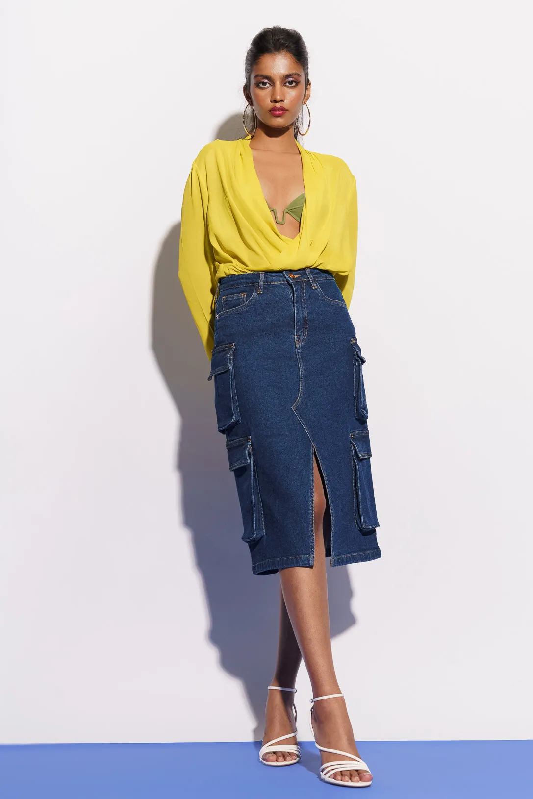 Blue Denim Midi Cargo Skirt With Slit