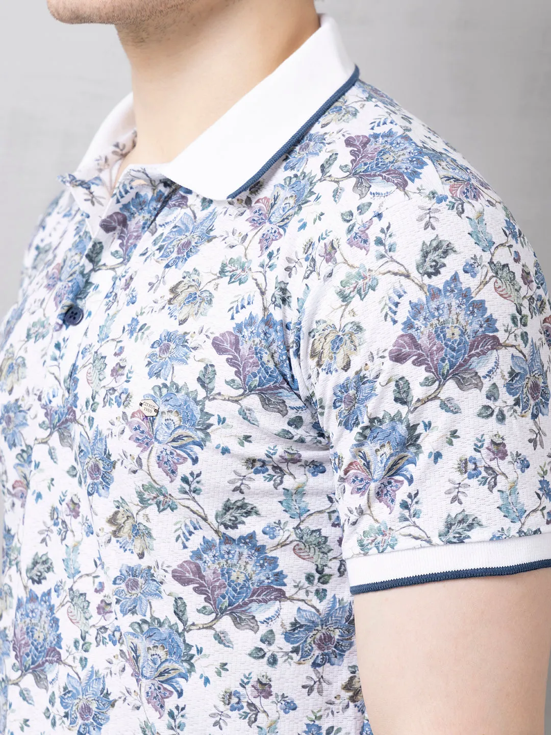 Blue Floral Print Polo