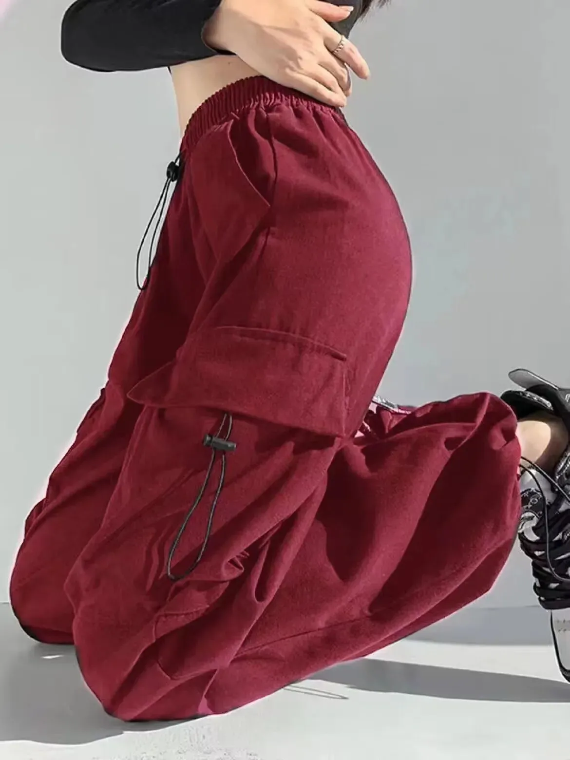 Bonnyshow Cargo Pants Women Baggy Trousers 2023 Fall Streetwear Oversized Pants Vintage Casual Elastic Waist Loose Sweatpants Women