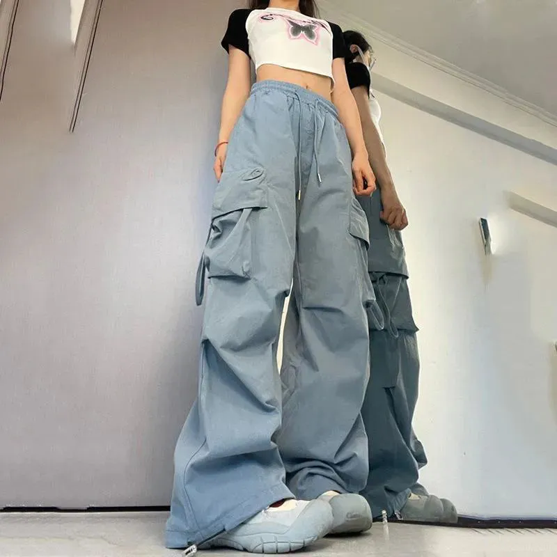 Bonnyshow Women Y2K Cargo Pants High Waist Streetwear Hip Hop Trousers Female Big Pockets Casual Low Waist Drawstring Baggy Sweatpants