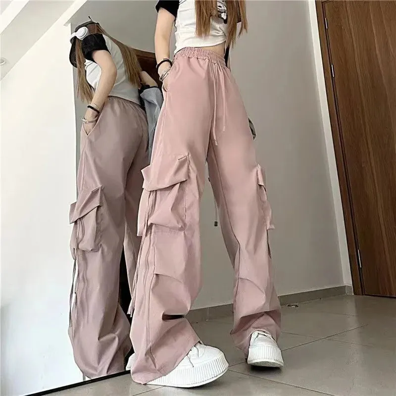 Bonnyshow Women Y2K Cargo Pants High Waist Streetwear Hip Hop Trousers Female Big Pockets Casual Low Waist Drawstring Baggy Sweatpants