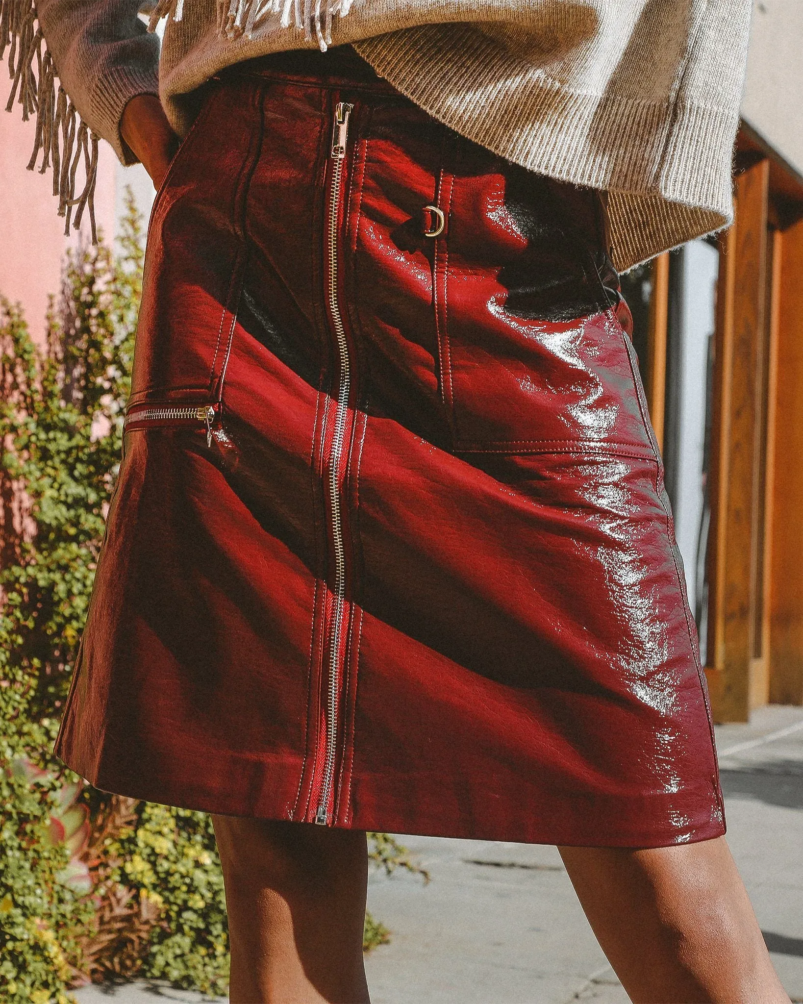 Bordeaux Faux Leather Zip Up Pencil Skirt