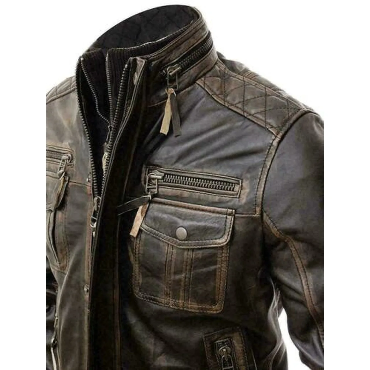 Brown Distressed Seven Pockets Leather Jacket