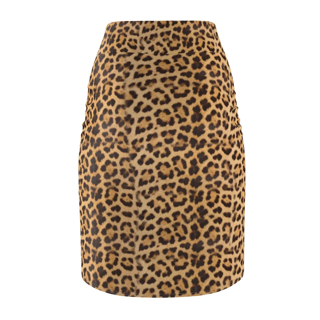 Brown Leopard Women's Pencil Skirt, Premium Quality Animal Print Designer Skirt-Made in USA