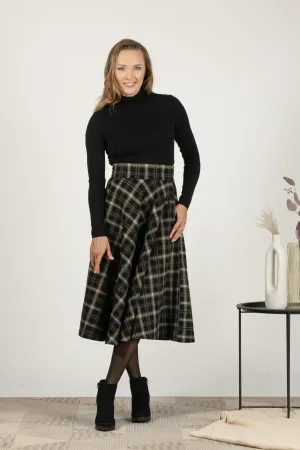 Brown Plaid High Waist Wool Midi Skirt