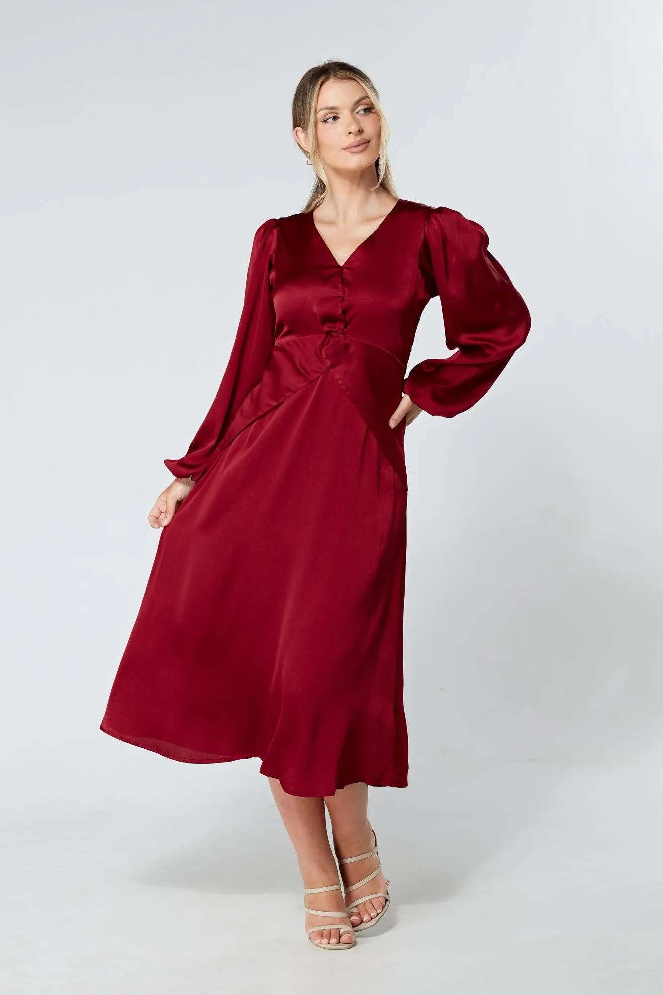 Calissa Deep Red Satin-feel Folded Body Midaxi Dress