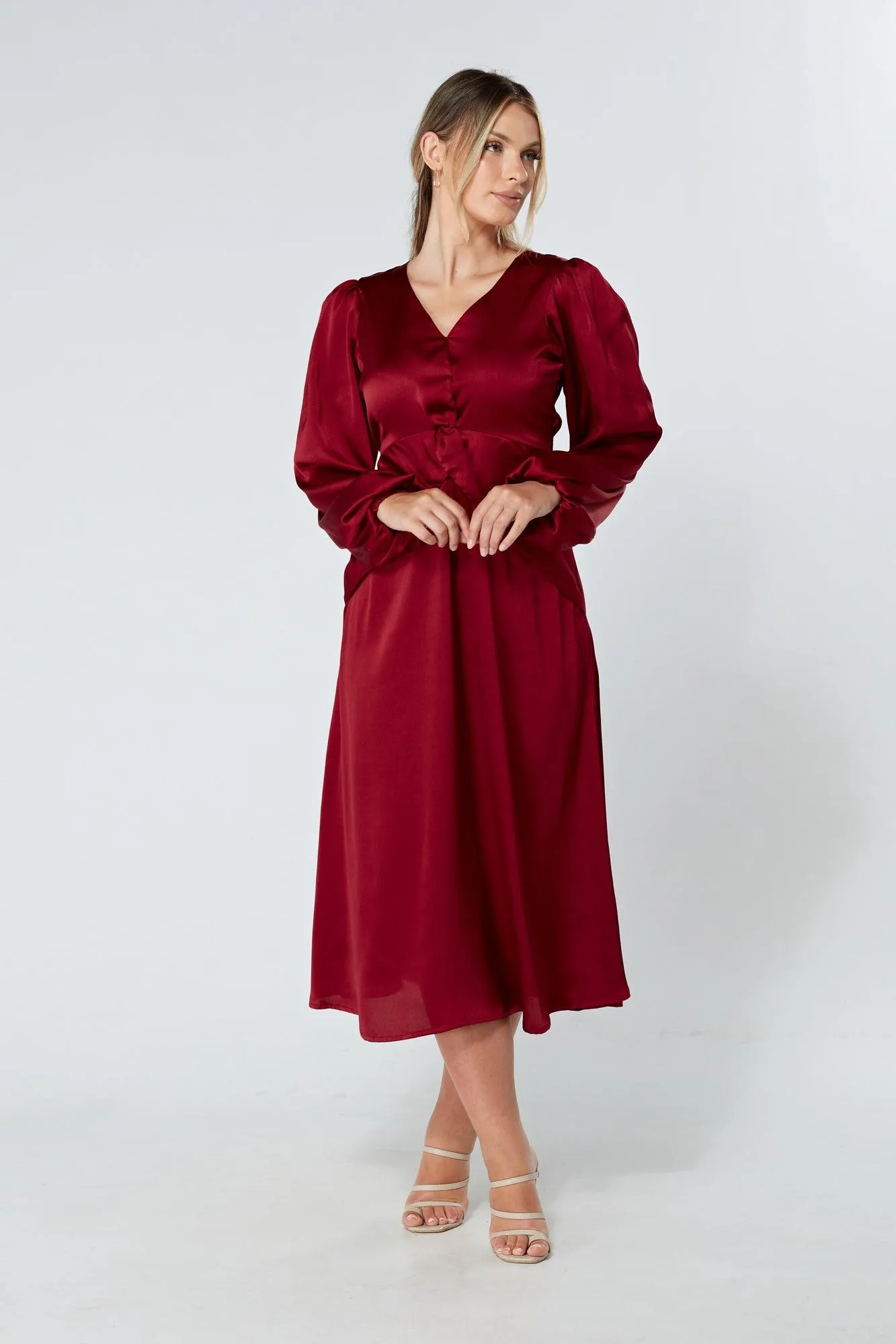 Calissa Deep Red Satin-feel Folded Body Midaxi Dress