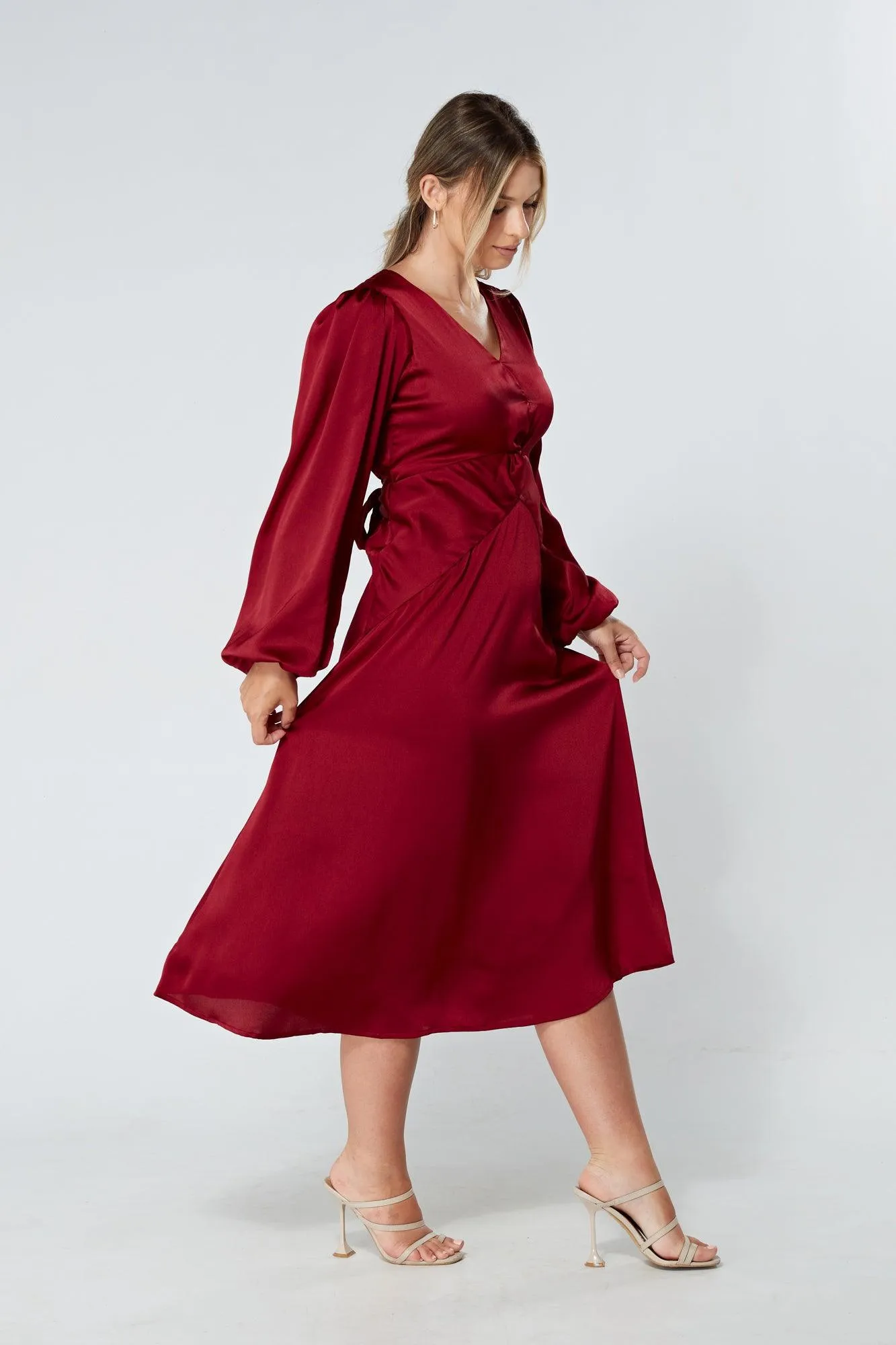 Calissa Deep Red Satin-feel Folded Body Midaxi Dress